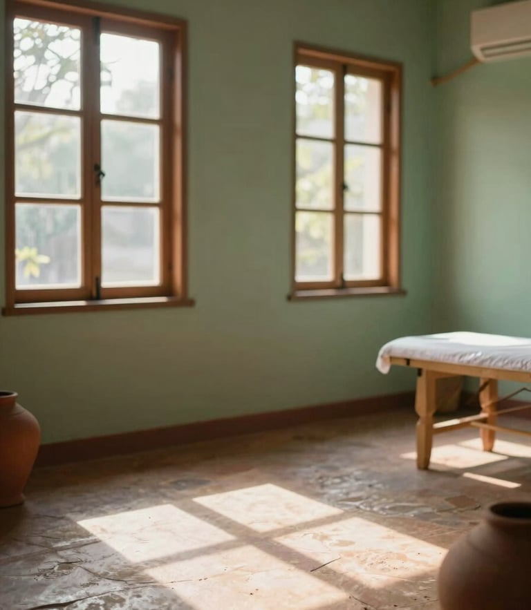 Soft morning daylight filtering through wooden windows onto a quiet therapy room in Dharwad, soft dappled shadows on natural stone floor, warm clay accents.