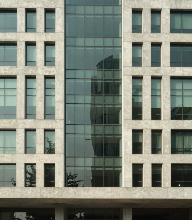 Wide architectural elevation of a modern concrete and glass corporate headquarters in Gurgaon, harsh sunlight casting sharp geometric shadows, desaturated green accents, 24mm