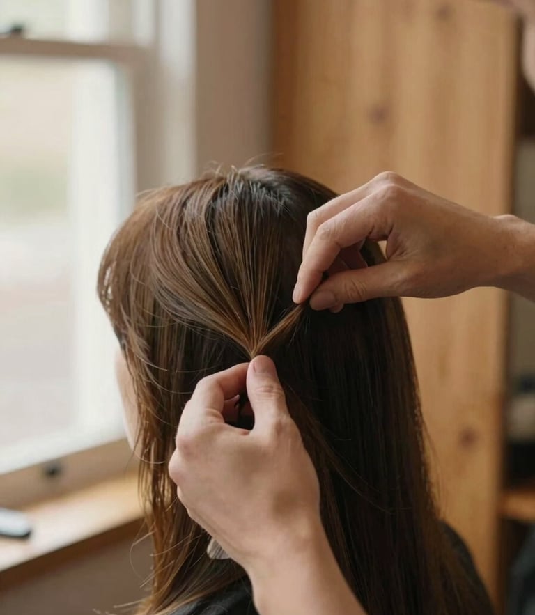 Close-up of a professional hairdresser's hands carefully styling a client's warm brown hair, soft natural daylight filtering through the window, warm oak wood background, 35mm photography