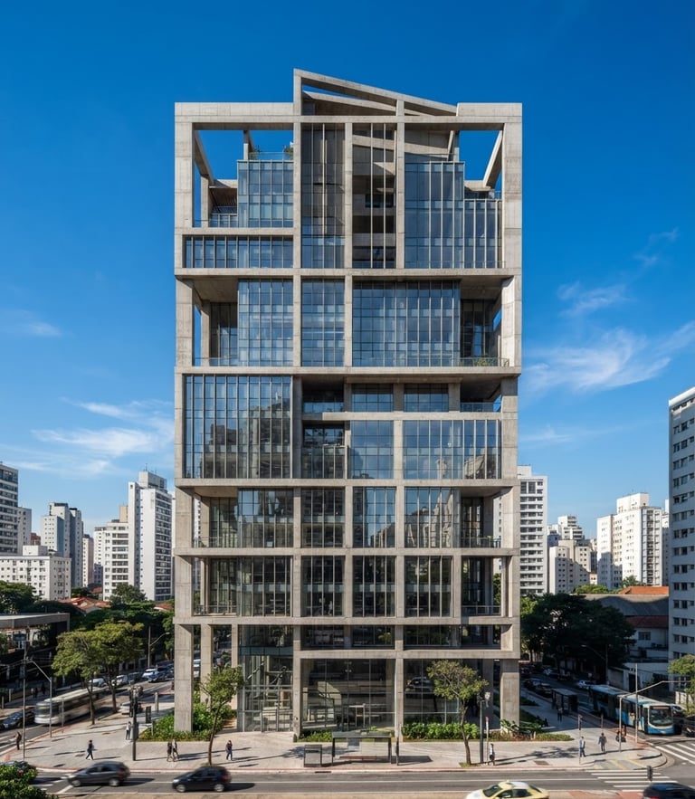 Wide architectural shot of a modern commercial building in São Paulo under a bright clear sky, structural concrete and glass facade, crisp daylight shadows, 35mm lens.