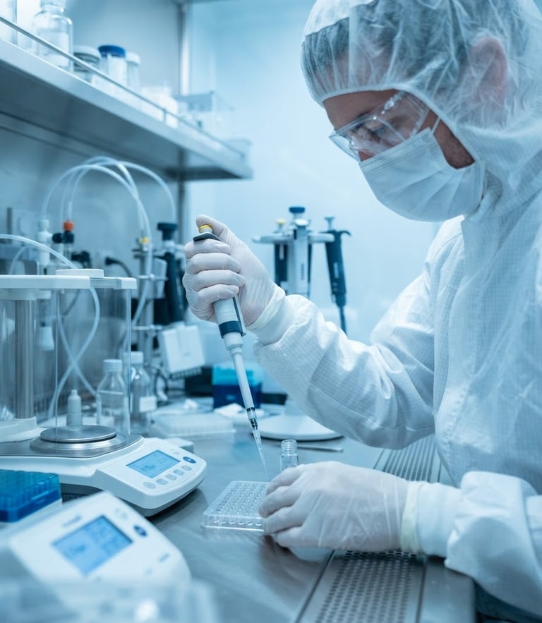 Macro shot of a pharmaceutical scientist in a sterile white cleanroom suit adjusting precision laboratory equipment under high-key blue-tinted lighting.