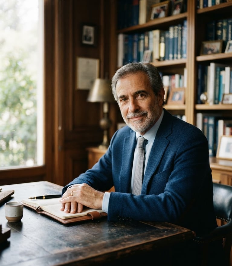 Editorial portrait of Dr. Jorge Solari in a warm clinical study, soft natural window light, books and wooden shelves in the background, shallow depth of field, 35mm