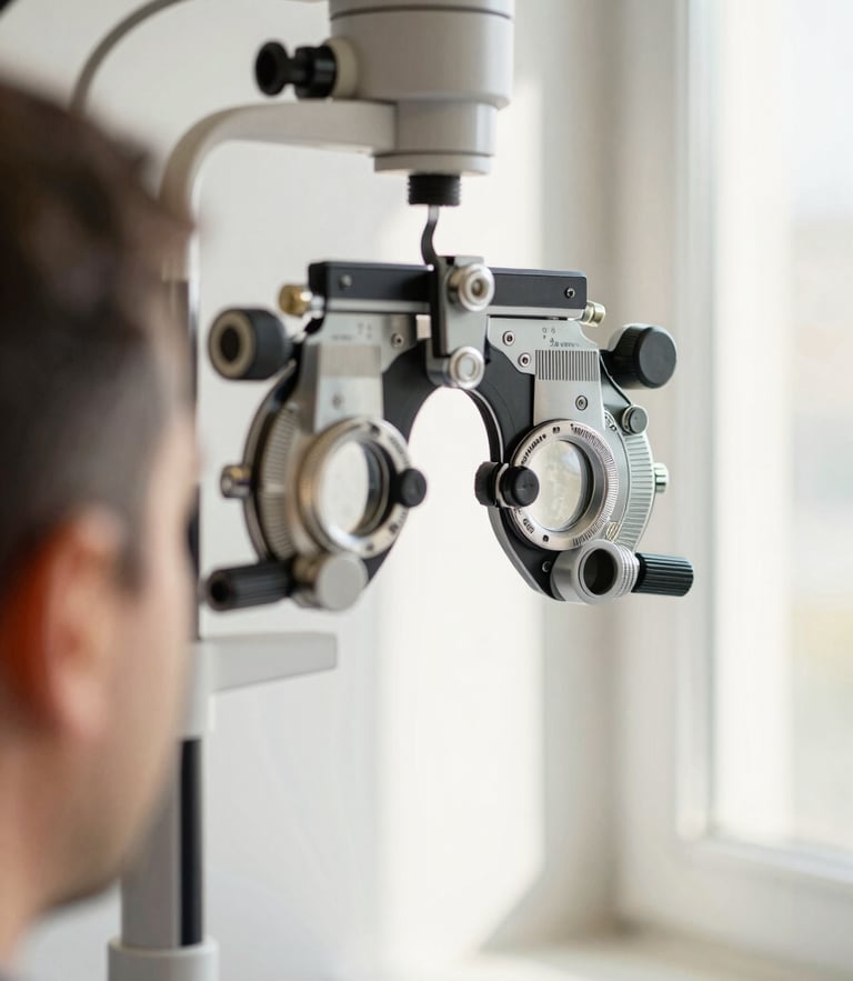 Close-up of a modern optical trial frame on a patient, soft natural light from a side window, warm clinical tones, shallow depth of field