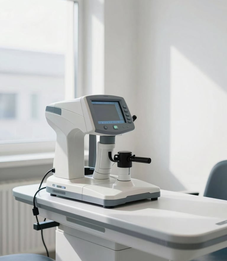 A bright modern optometry cabinet with clean clinical equipment, soft natural light streaming through a window, professional high contrast