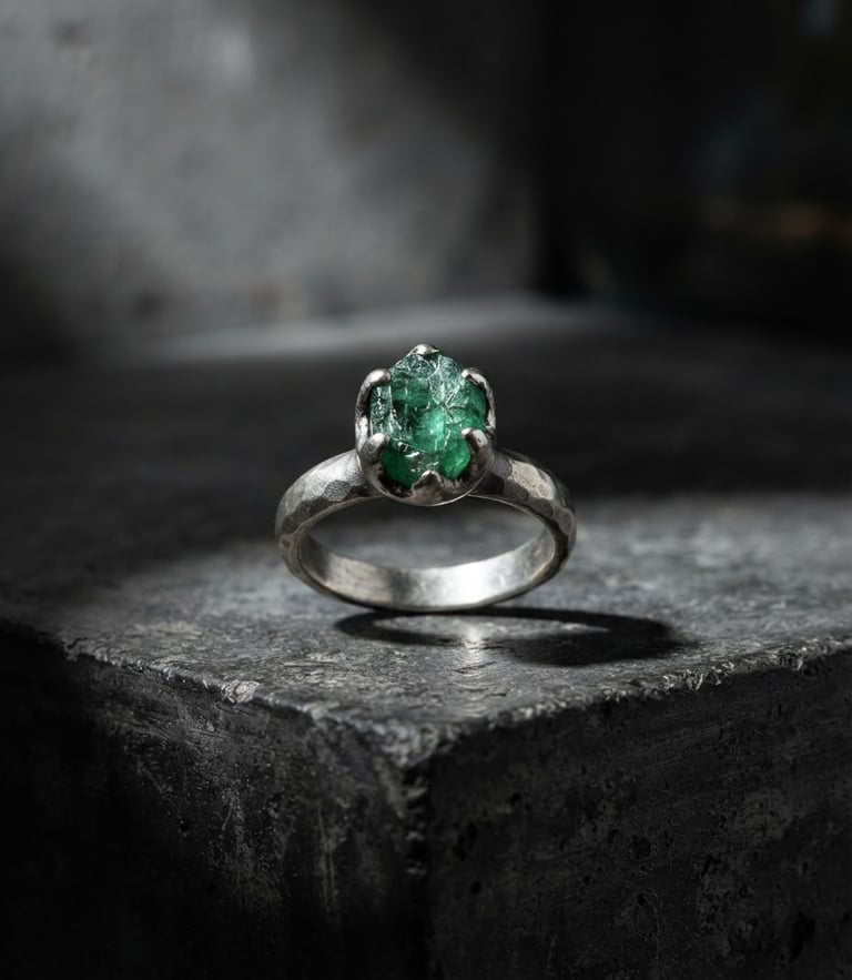 Fine art jewelry photography, a raw silver ring with an uncut emerald on a dark concrete pedestal, dramatic gallery spotlight, deep architectural shadows, Hasselblad 80mm