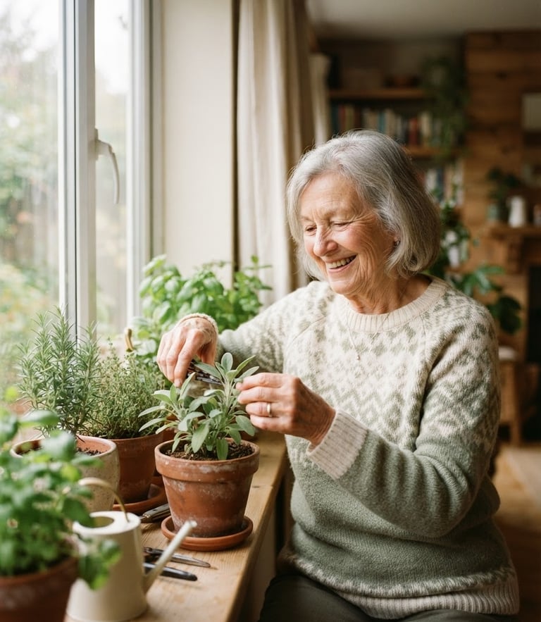 A resident smiling warmly while tending to a potted herb on a sunlit windowsill, soft natural window light, gentle cream and sage tones, shallow depth of field