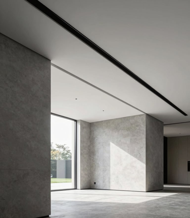 Clean minimalist high-end residential interior with integrated linear slot diffusers, bright natural daylight, cool slate gray tones, high-end architecture