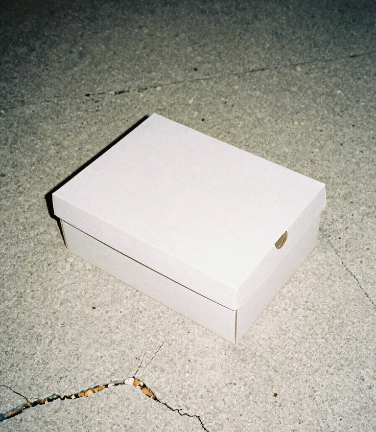 Harsh direct flash photography of a sneaker box resting on cracked raw concrete, gloomy daylight, high contrast desaturated tones
