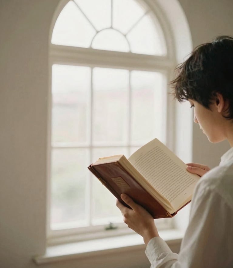 Candid medium shot of a student reading a leather-bound book near a large arched window, soft daylight, warm cream tones, 35mm film aesthetic.