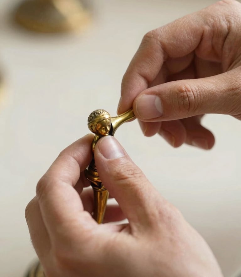 A close-up of hands detailing an antique gold metal sculpture, warm natural side-light, shallow depth of field, 35mm