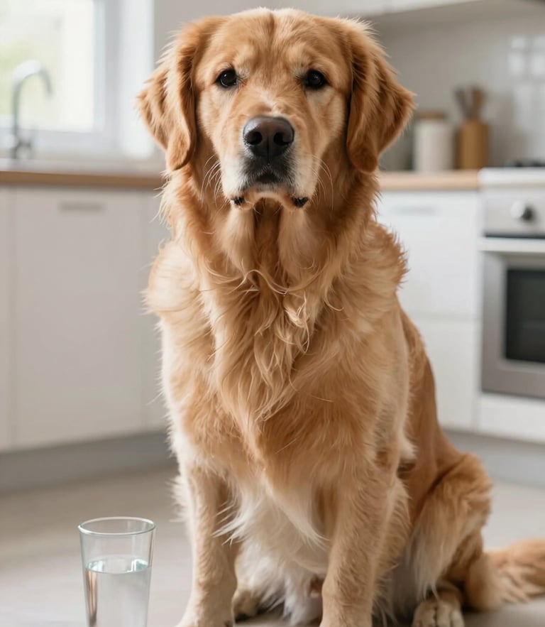 Portrait of a healthy golden retriever sitting next to a clean glass of water in a bright, sunlit kitchen, natural light, soft focus, editorial photography