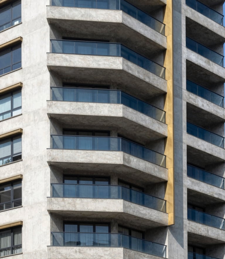 Architectural photograph of a modern residential building facade in Bogotá, sharp concrete lines, bright daylight, 35mm lens