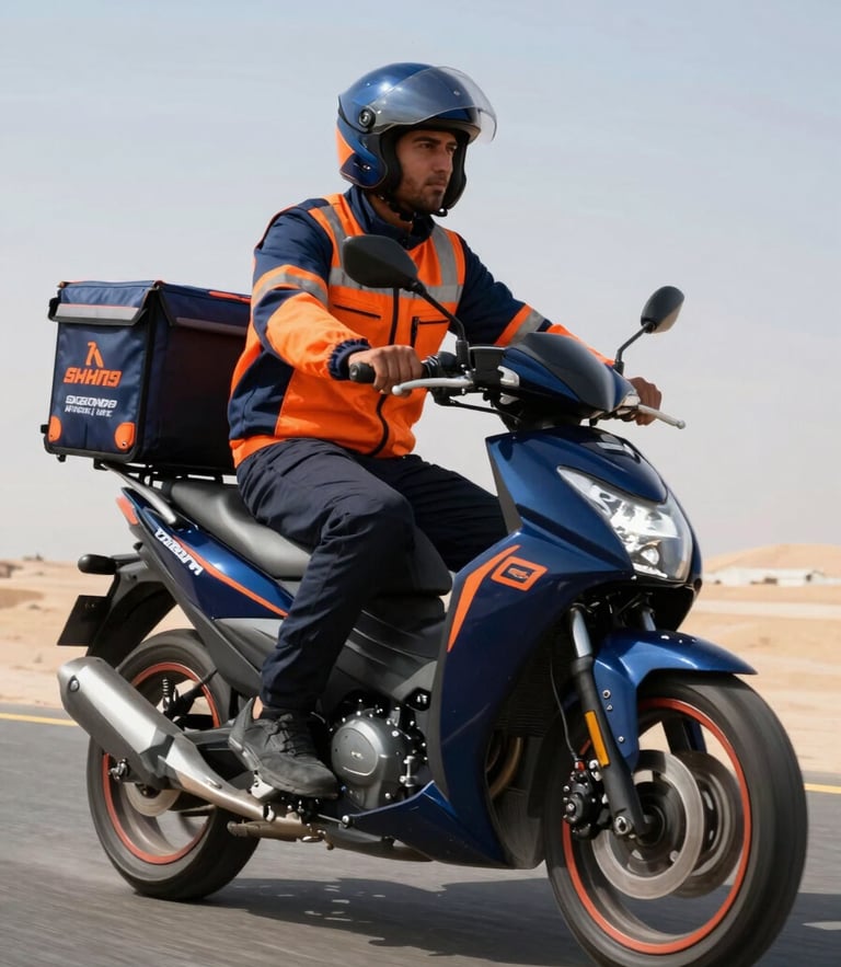 Dynamic low-angle shot of a professional courier rider on a modern motorbike in Abu Dhabi, bright midday desert light, deep navy and high-visibility orange accents, crisp focus, 35mm