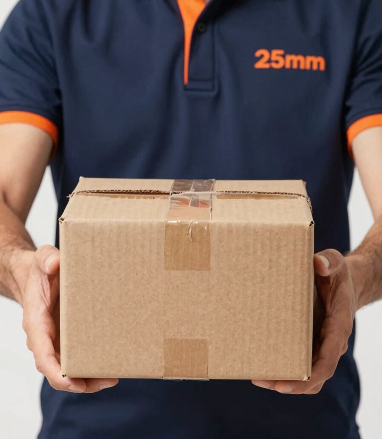 Close-up of hands exchanging a cardboard parcel with a professional courier in branded gear, clean studio lighting, crisp focus, 35mm