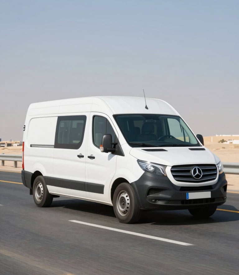 Dynamic low-angle shot of a clean white delivery van driving on a highway in Abu Dhabi, bright midday desert light, sharp focus, 35mm