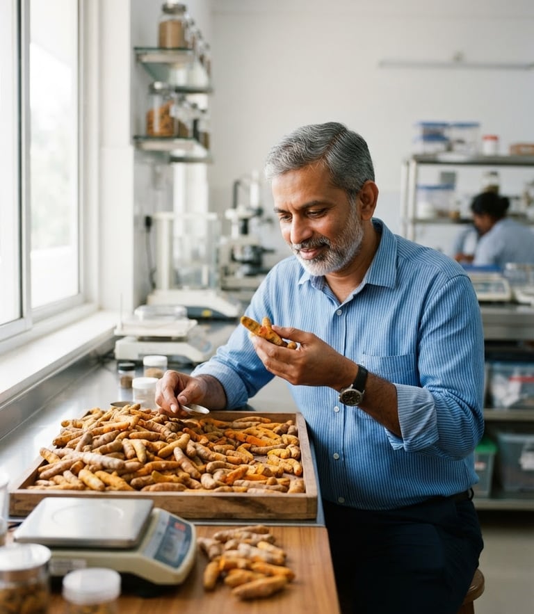 Crisp editorial portrait of an Indian spice exporter inspecting raw turmeric fingers in a clean, brightly lit quality control room, 35mm.