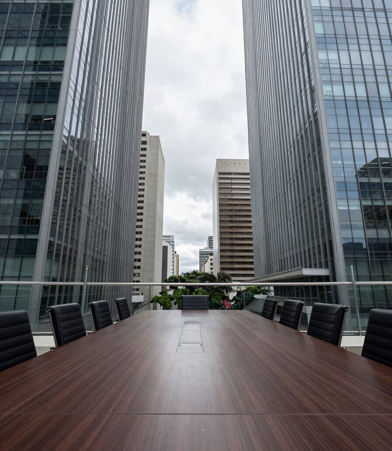 Symmetrical wide shot of an empty high-rise boardroom in São Paulo, cool overcast daylight, architectural glass and steel lines, minimalist design.