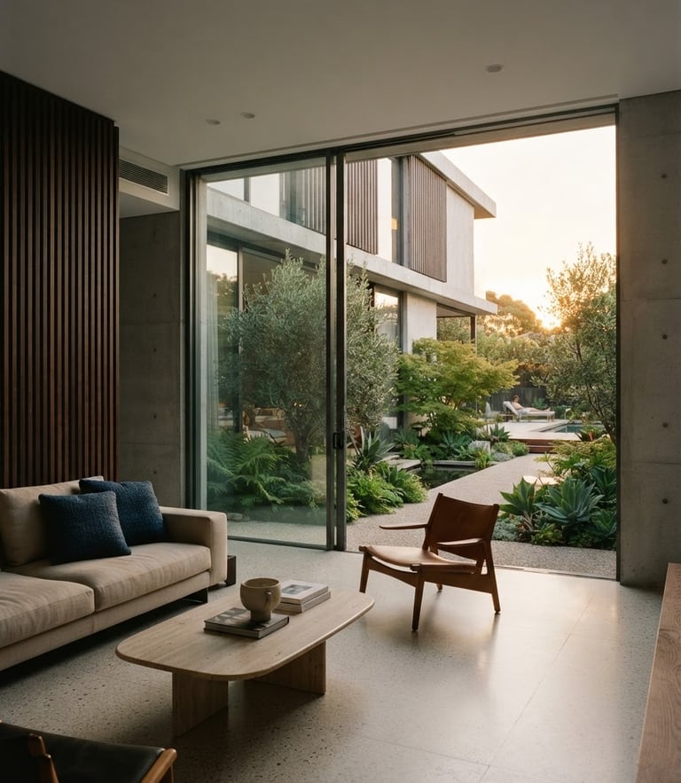 Minimalist concrete and glass villa interior transitioning seamlessly to a lush modern courtyard garden, soft golden sunset light, architectural lines, high-end luxury feel, 35mm photography.