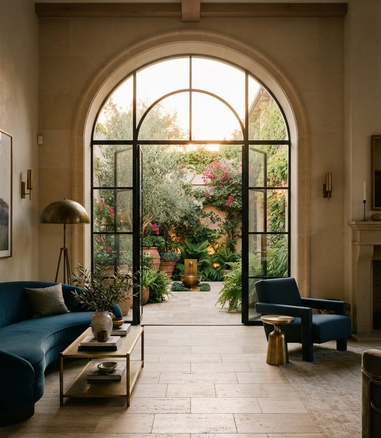 Straight-on architectural shot of a luxury interior opening to a courtyard garden, golden-hour light, warm beige stone, brass details, editorial 35mm photography