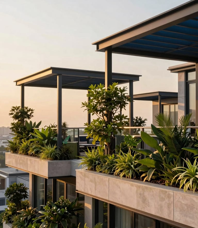 Warm editorial photograph of a modern penthouse terrace, lush green vertical gardens, sleek dark metal pergolas, soft warm twilight lighting