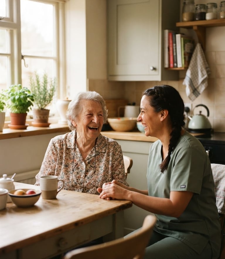 A warm editorial photograph of an elderly woman laughing with a female caregiver in a sunlit kitchen, soft natural window light, shallow depth of field