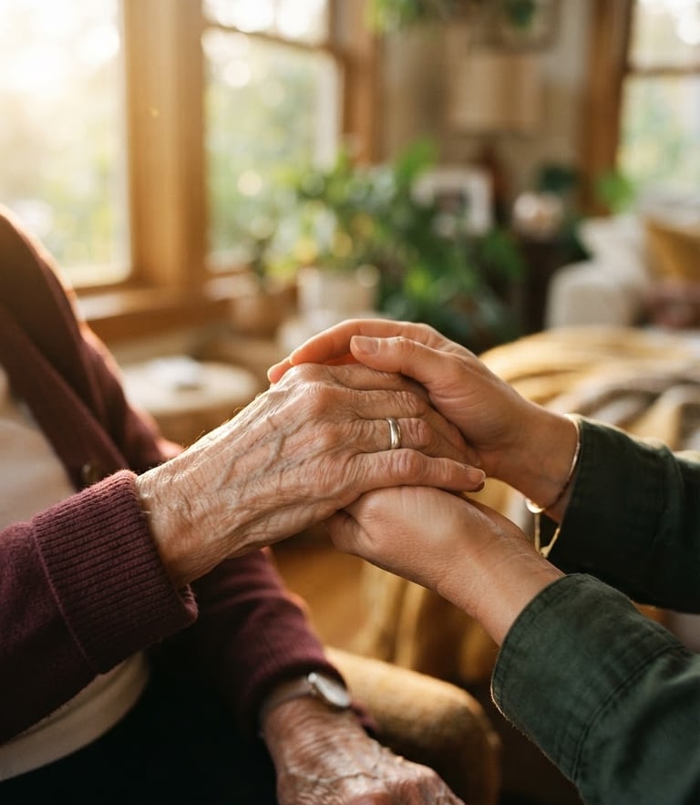A close-up of a caregiver's warm hands gently holding an elder's hand in a sunlit Montverde living room, golden hour window light, shallow depth of field.