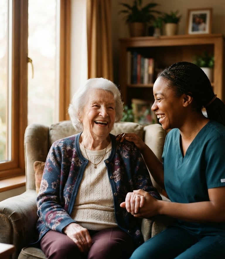 A warm, natural light portrait of an elderly woman laughing with a friendly caregiver, soft window light, shallow depth of field, authentic 35mm