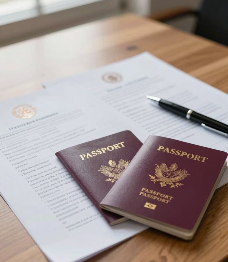 A close-up of organized official documents, passports, and a pen on a clean wooden desk under natural window light, focused and professional.