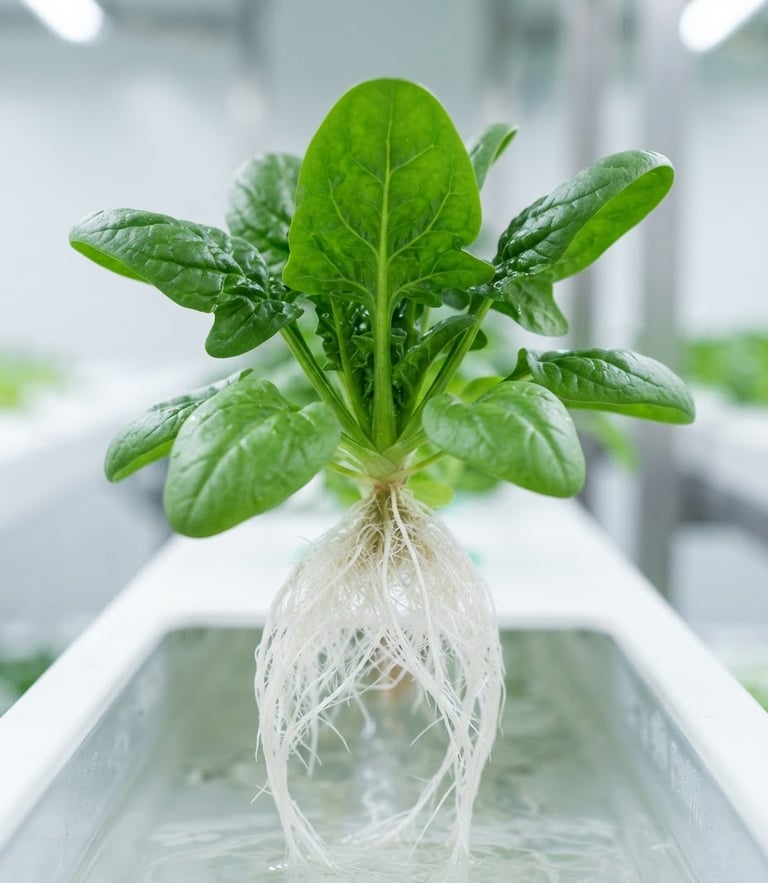 Macro photograph of vibrant green spinach leaves with clean, soil-free white roots intact, bright clean clinical greenhouse light, 50mm lens