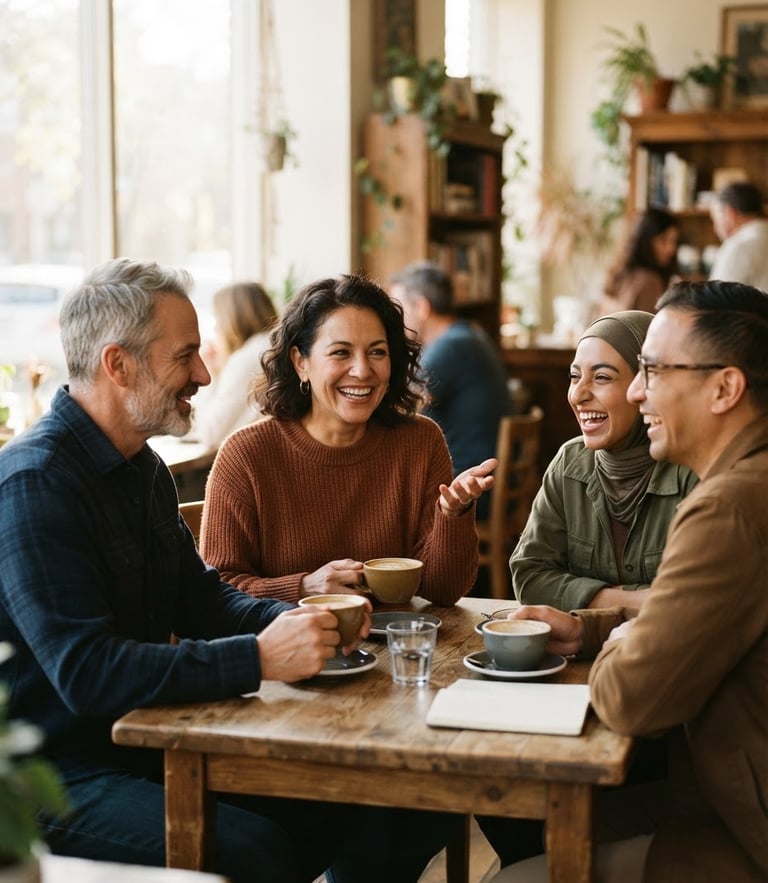 Candid medium shot of community members talking over coffee in a sunlit room, warm earthy tones, soft morning light, shallow depth of field