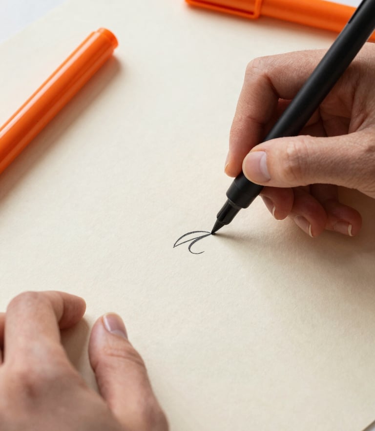 Overhead shot of a designer's hands sketching with a black fine-liner on heavily textured cream paper, vibrant orange markers nearby, soft natural studio light