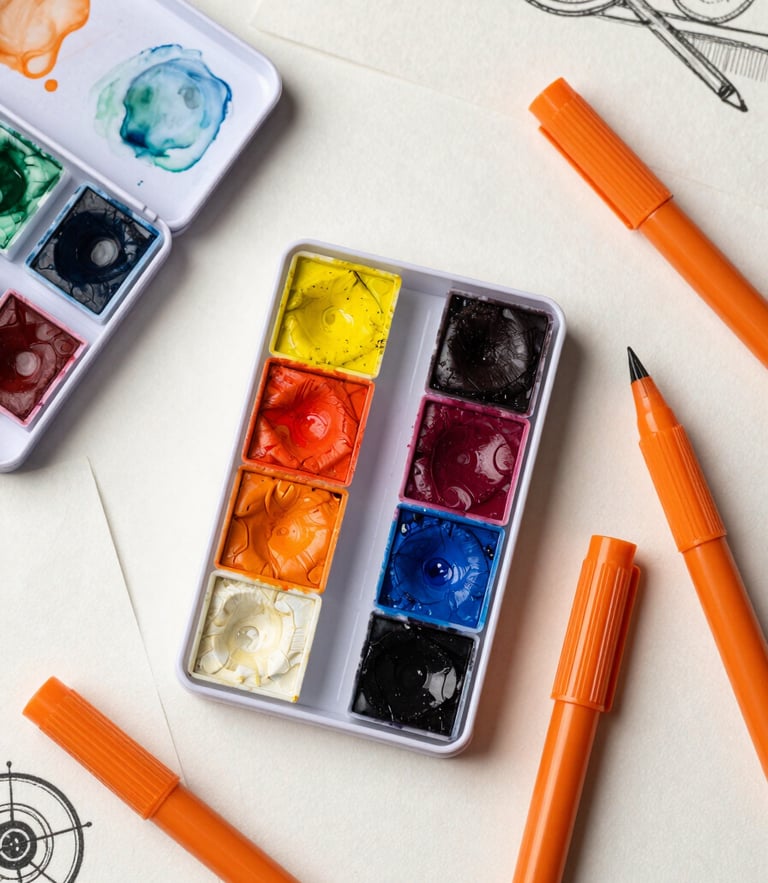 Overhead flat-lay of a graphic designer's desk with watercolor paint pans, vibrant orange alcohol markers, and textured paper sketches under soft natural daylight
