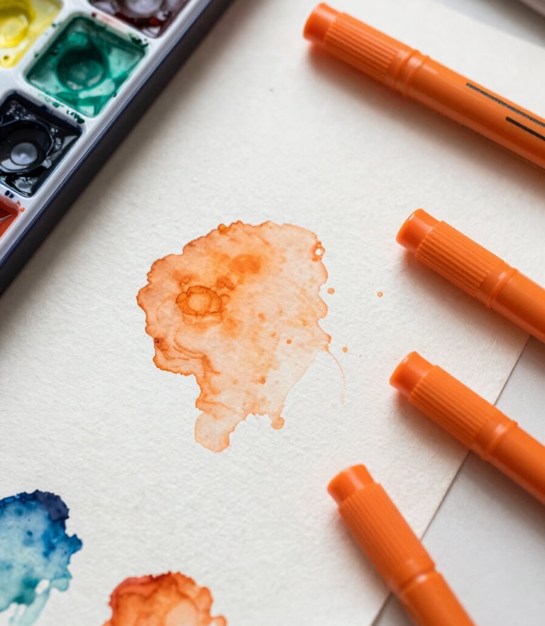 Overhead flat-lay macro photography of a messy, pigment-stained studio desk, watercolor washes, vibrant orange alcohol markers, textured paper, soft natural daylight, 50mm lens.