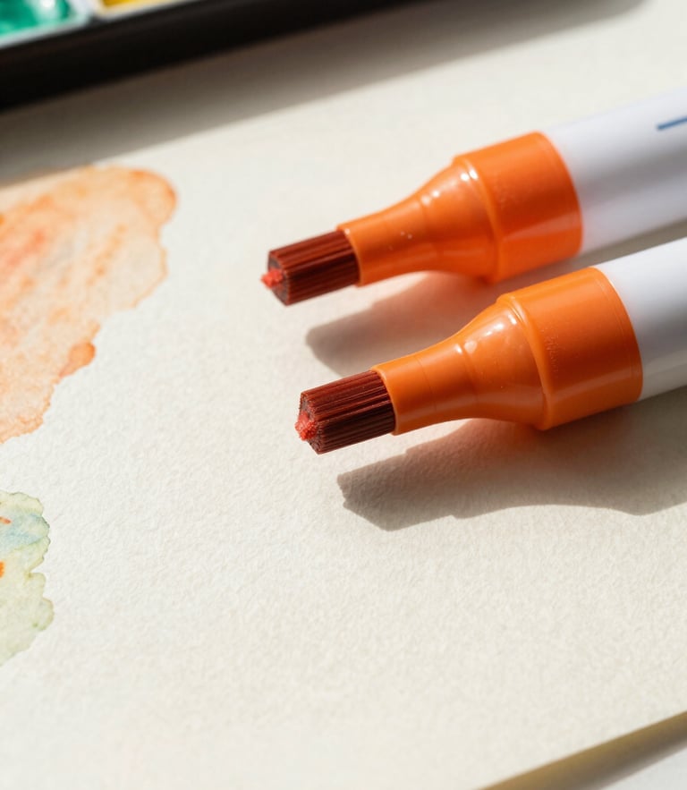 A portrait of a sunlit artist workspace, featuring vibrant orange marker tips resting on heavily textured cream paper, watercolor washes in the background, soft natural studio light, 50mm lens
