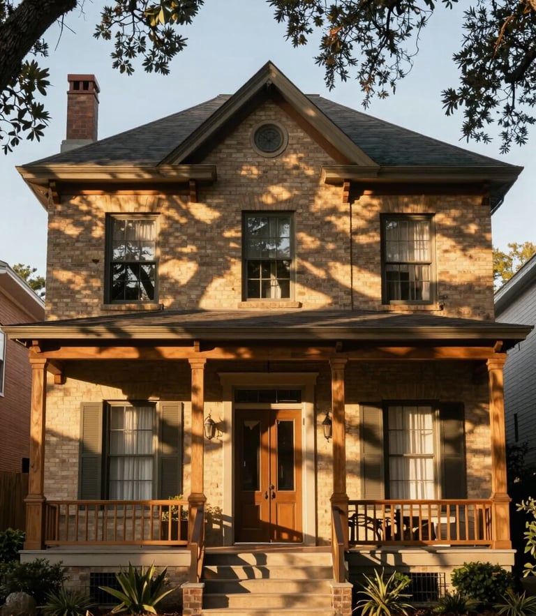Straight-on architectural elevation of a historic Houston Heights home, live oak shadows, soft golden hour light, warm wood and brick textures.