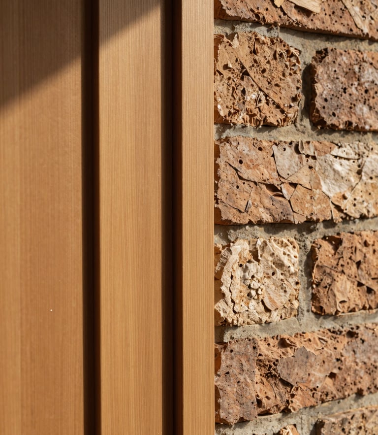 Intimate detail crop of warm cedar wood panels meeting hand-laid historic brick, soft morning light casting gentle shadows, architectural texture.
