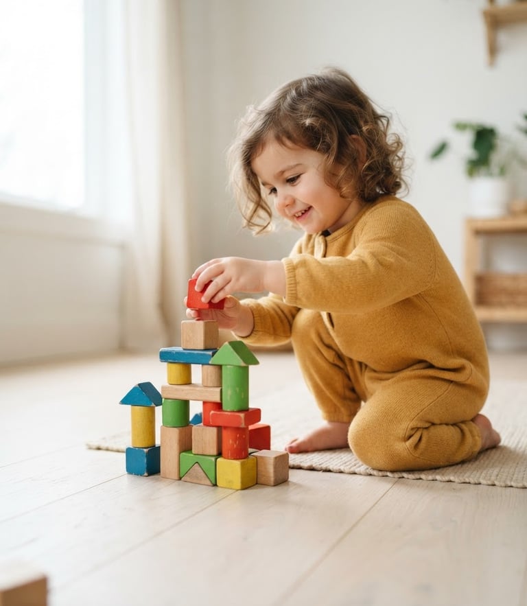 Bright editorial photograph of a child playing with wooden blocks on a clean off-white floor, soft natural daylight, shallow depth of field