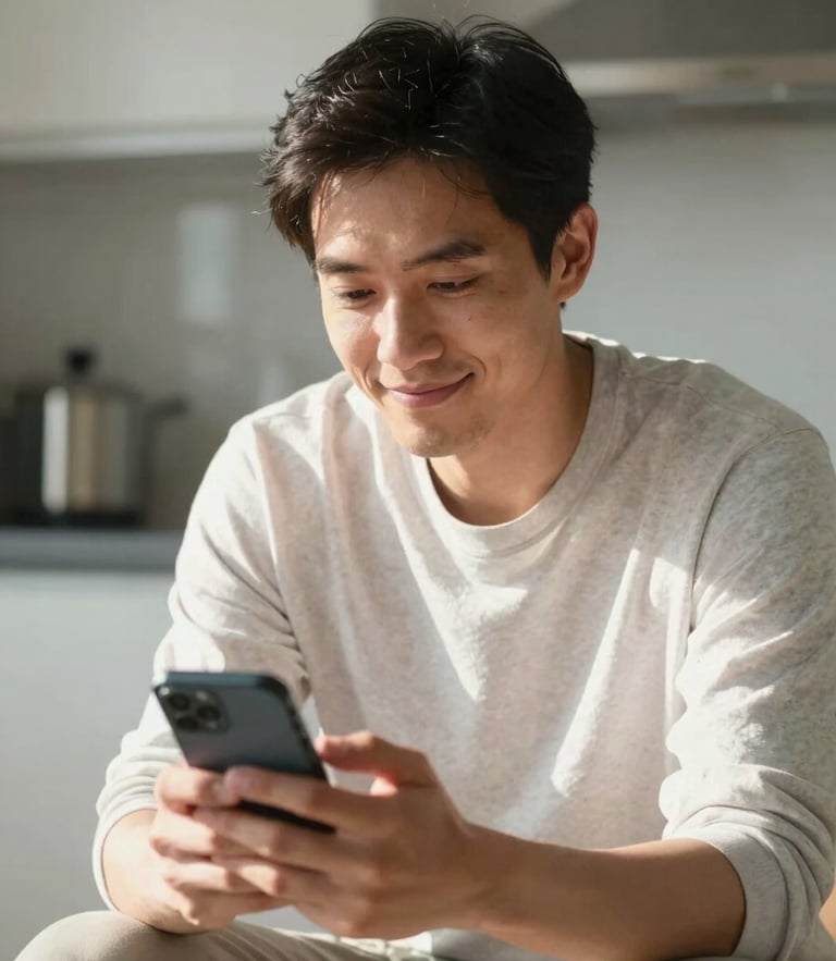 A medium shot of a relieved man in his thirties sitting in a sunlit kitchen, holding a smartphone with a soft smile, bright natural daylight.