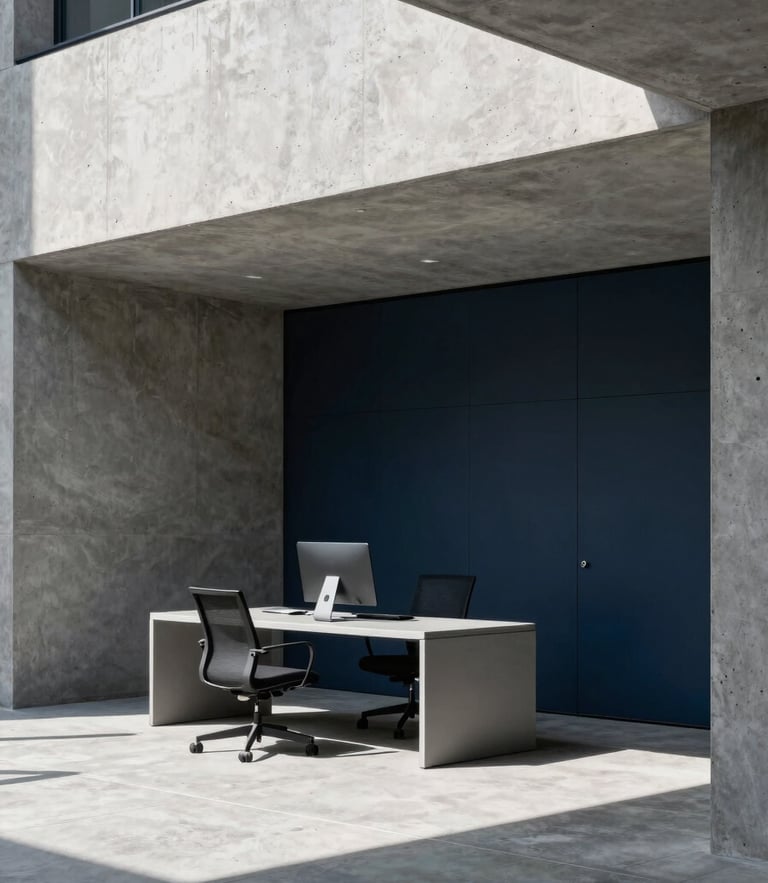 Crisp natural side-lighting on a modern concrete architectural workspace, sharp geometric shadows, cool slate tones, 35mm