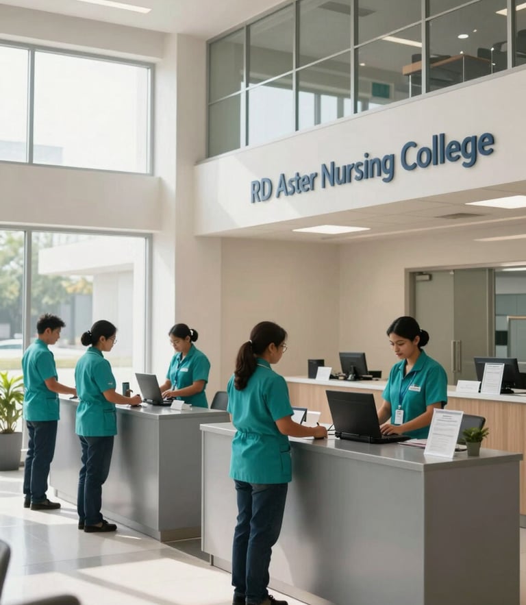 A bright, clean daylight shot of the RD Aster Nursing College admissions lobby, featuring minimalist slate grey counters, professional staff in clean teal uniforms, and large windows.