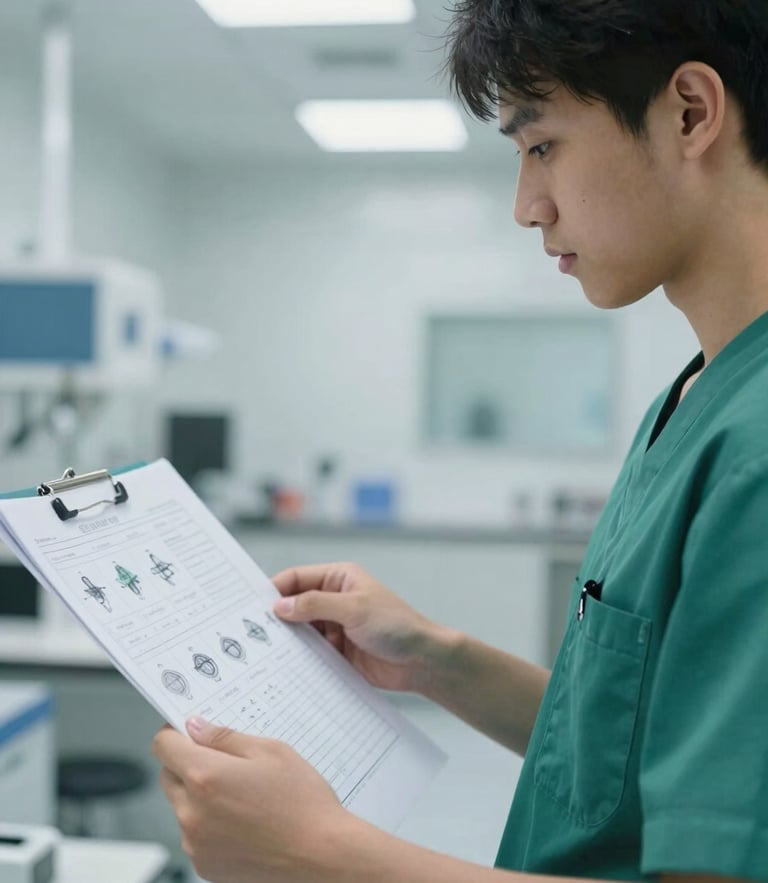 Medium close-up of a student in crisp green clinical scrubs reviewing a medical chart in a brightly lit, modern simulation lab.