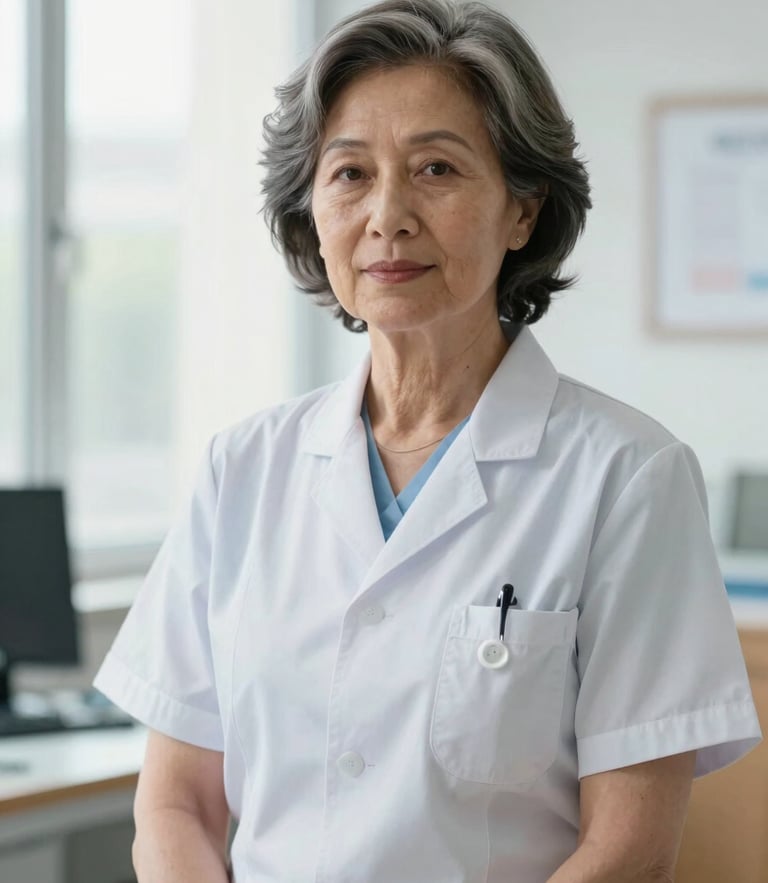 Professional portrait of a senior female nursing academic in clinical attire, bright natural daylight, clean medical office background, serious yet warm expression.