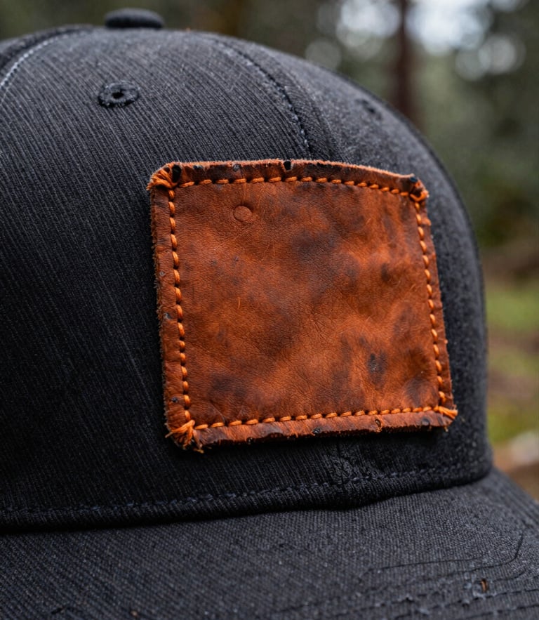 Macro shot of a rugged, weathered leather patch stitched onto a dark trucker hat, overcast outdoor forest background, shallow depth of field