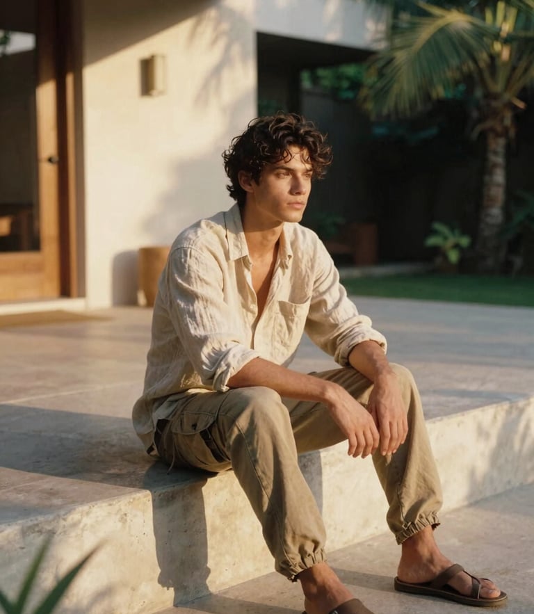 A model in a relaxed linen shirt and utility trousers sitting on a concrete step in a tropical modernist courtyard, warm golden hour sunlight, soft organic shadows, 35mm film.