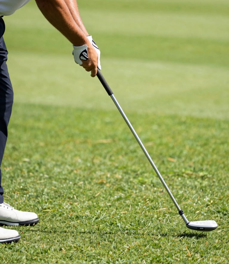 Low-angle dynamic action shot of a golfer's clean follow-through under bright natural sunlight, vivid grass green background, crisp white golf glove