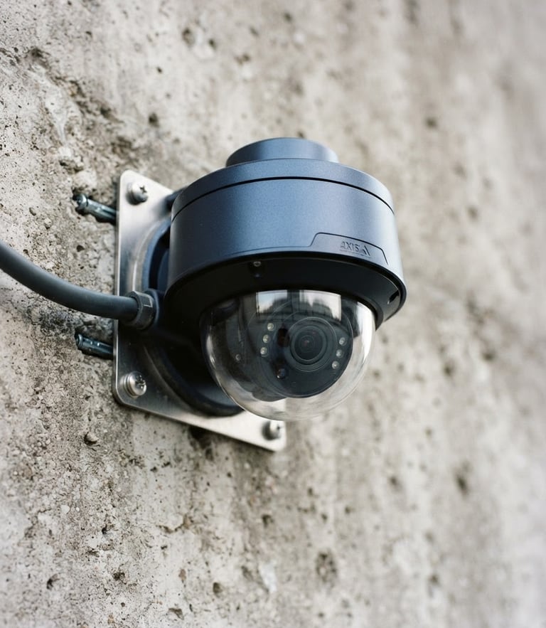 Close-up of a neatly installed security camera on a concrete wall, crisp daylight, metallic and glass textures, sharp focus, 35mm