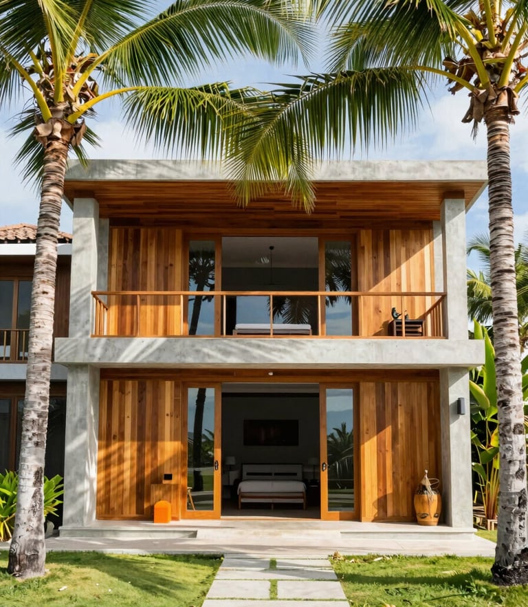 Bright tropical editorial photography of a modern luxury villa in Siargao, concrete and warm wood architecture, palm trees framing the shot, bright natural sunlight, 35mm.