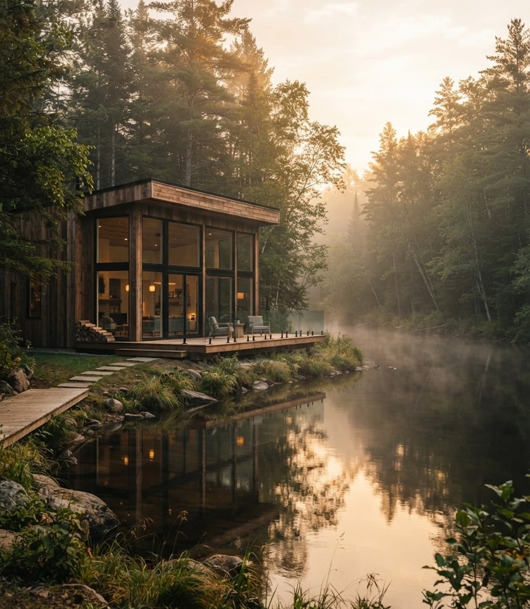 A striking modern cedar cabin with floor-to-ceiling glass windows reflecting the quiet river, surrounded by tall pine trees in soft morning mist, warm golden-hour light.