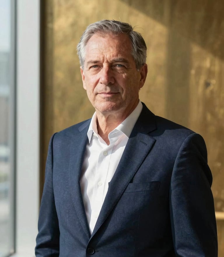 A sharp, side-lit professional portrait of a senior financial partner in a navy suit, warm brass background tones, 50mm lens, high-contrast daylight.