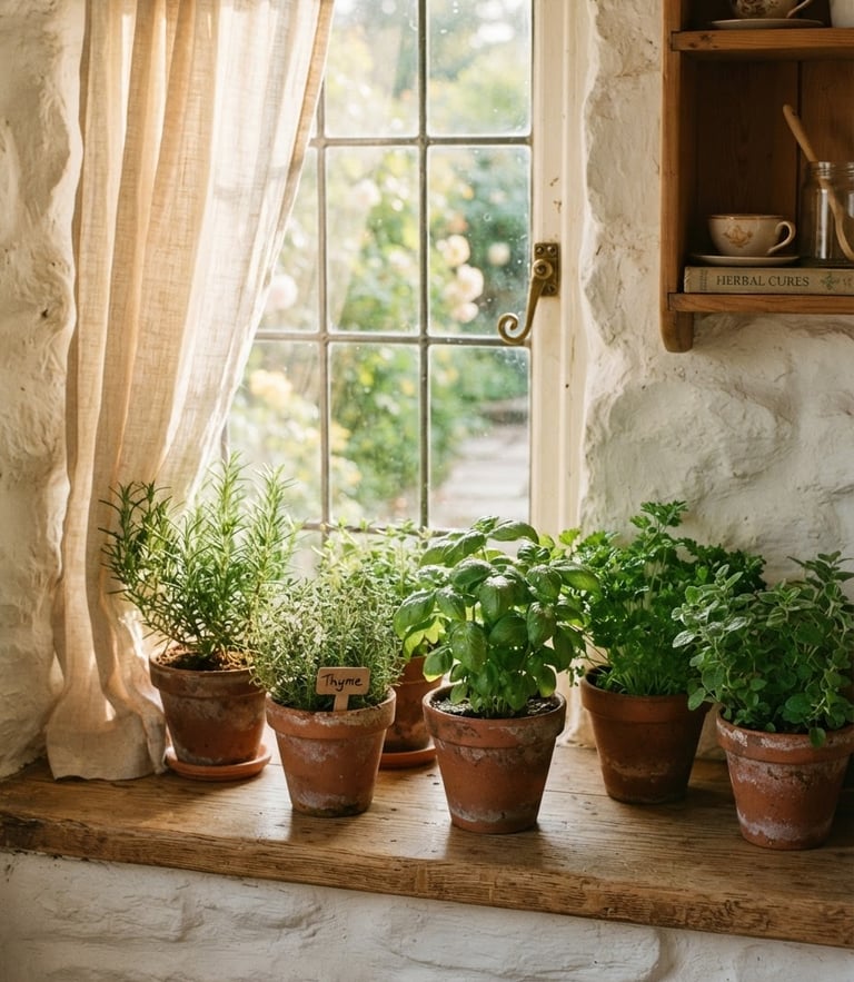 A medium close-up of a sunlit cottage windowsill, potted green herbs in terracotta pots, warm-toned wood shelves, soft morning light filtering through linen curtains, cozy atmosphere.